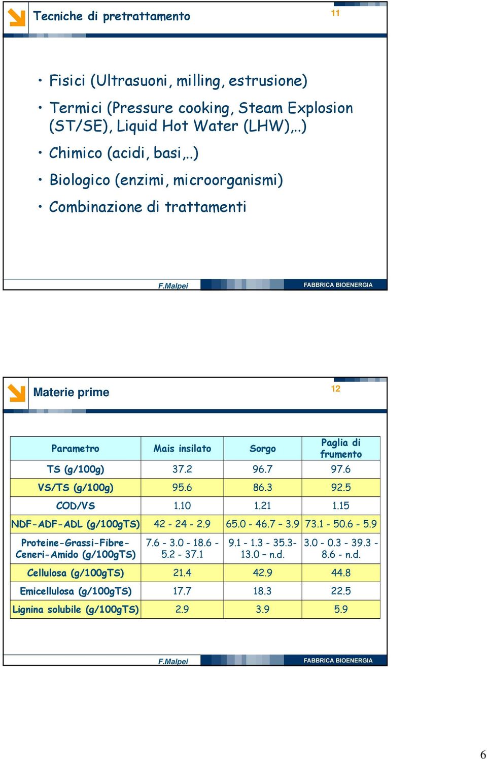 .) Biologico (enzimi, microorganismi) Combinazione di trattamenti Materie prime 12 Parametro Mais insilato Sorgo Paglia di frumento TS (g/100g) 37.2 96.7 97.