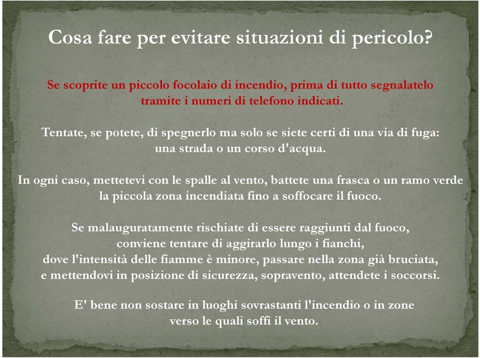 In ogni caso, mettetevi con le spalle al vento, battete una frasca o un ramo verde la piccola zona incendiata fino a soffocare il fuoco.