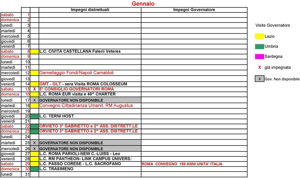 Non disponibile venerdì 14 GMT - GLT - sera Visita ROMA COLOSSEUM sabato 15 X 5 CONSIGLIO GOVERNATORI ROMA domenica 16 L.C. ROMA EUR visita e 40^ CHARTER lunedì 17 x GOVERNATORE NON DISPONIBILE martedì 18 Convegno Cittadinanza Umanit.