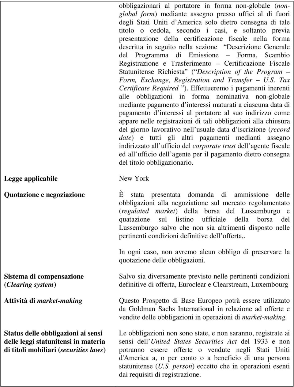 Trasferimento Certificazione Fiscale Statunitense Richiesta ( Description of the Program Form, Exchange, Registration and Transfer U.S. Tax Certificate Required ).