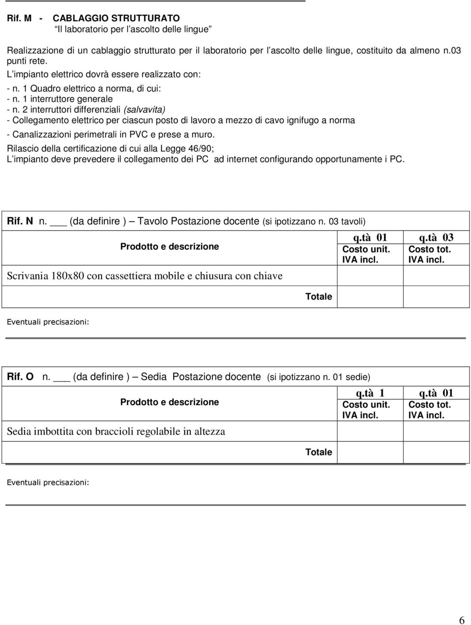 2 interruttori differenziali (salvavita) - Collegamento elettrico per ciascun posto di lavoro a mezzo di cavo ignifugo a norma - Canalizzazioni perimetrali in PVC e prese a muro.