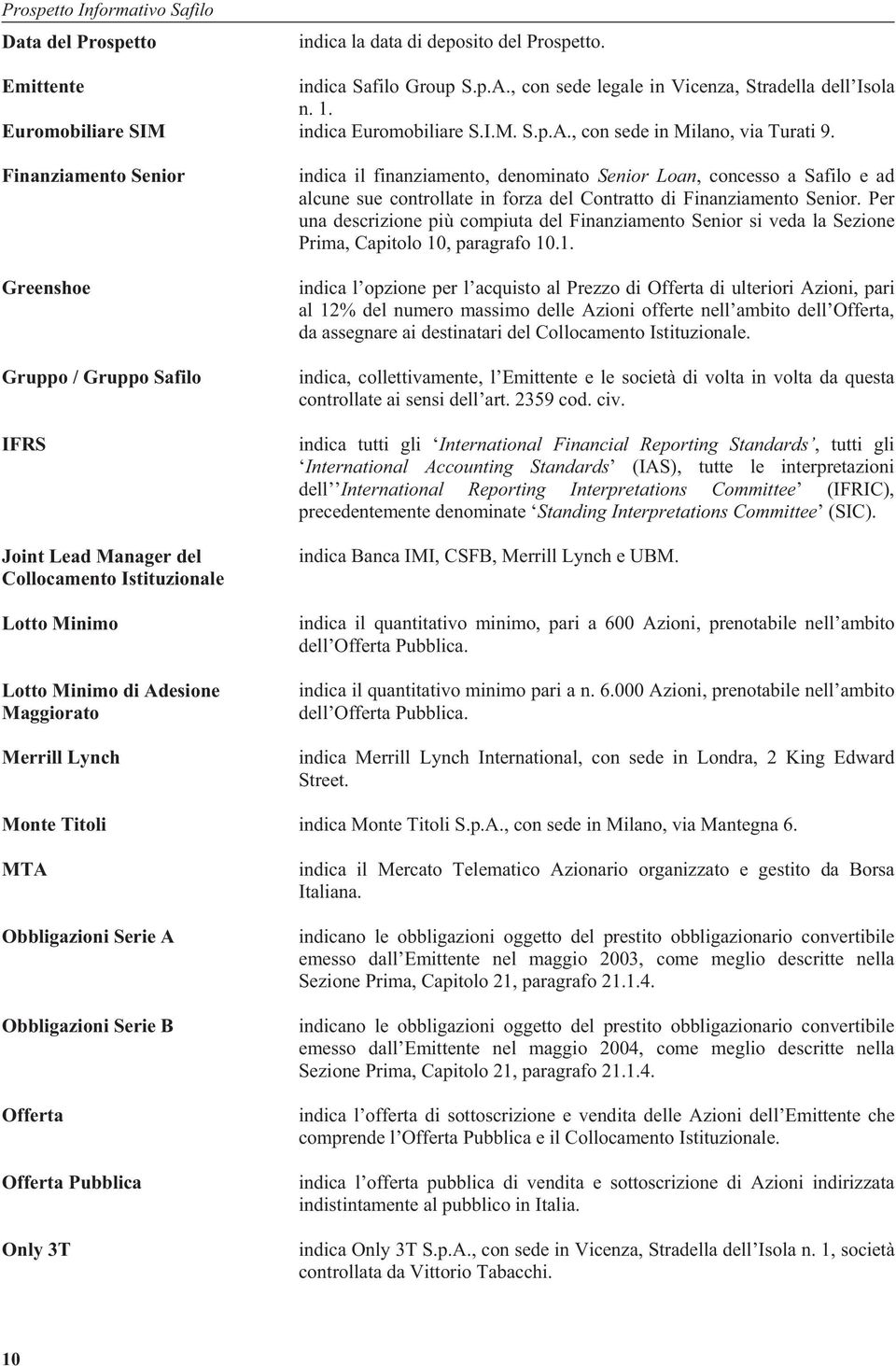 Finanziamento Senior Greenshoe Gruppo / Gruppo Safilo IFRS Joint Lead Manager del Collocamento Istituzionale Lotto Minimo Lotto Minimo di Adesione Maggiorato Merrill Lynch indica il finanziamento,