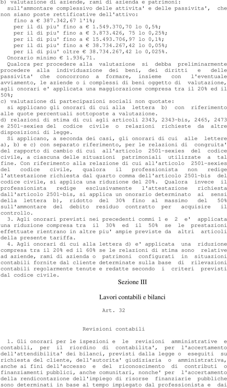 267,42 lo 0,05%; per il di piu' oltre 38.734.267,42 lo 0,025%. Onorario minimo 1.936,71.