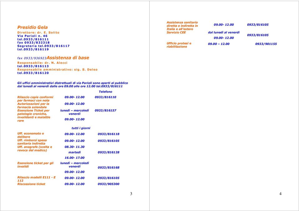 00 0933/816105 dal lunedì al venerdì 0933/816105 09.00-12.00 09.00 12.00 0933/901155 Gli uffici amministrativi distrettuali di via Parioli sono aperti al pubblico dal lunedì al venerdì dalle ore 09.