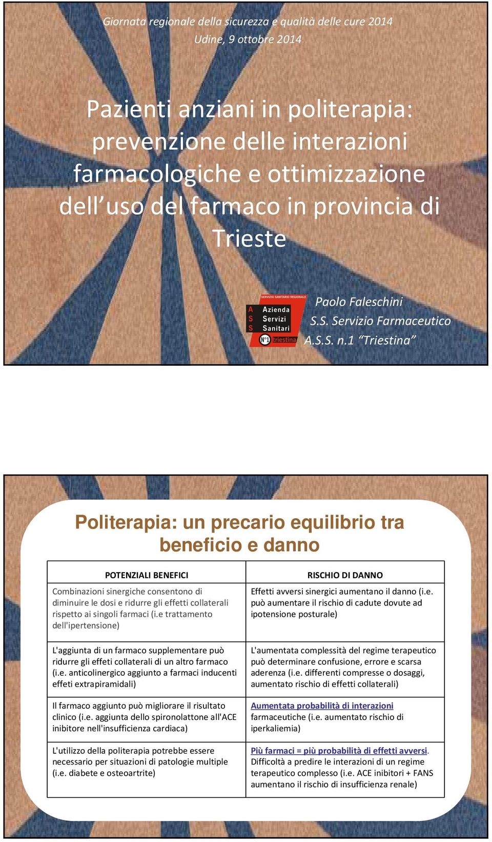 1 Triestina Politerapia: un precario equilibrio tra beneficio e danno POTENZIALI BENEFICI Combinazioni sinergiche consentono di diminuire le dosi e ridurre gli effetti collaterali rispetto ai singoli