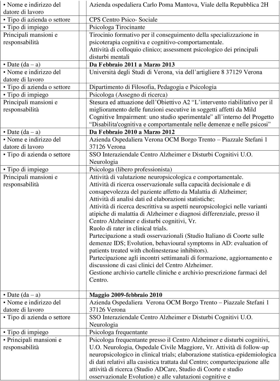 Attività di colloquio clinico; assessment psicologico dei principali disturbi mentali Date (da a) Da Febbraio 2011 a Marzo 2013 Nome e indirizzo del Università degli Studi di Verona, via dell