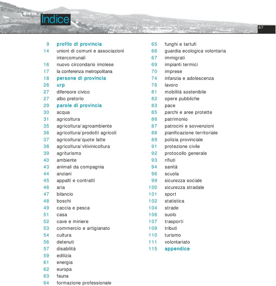 ambiente 43 animali da compagnia 44 anziani 45 appalti e contratti 46 aria 47 bilancio 48 boschi 49 caccia e pesca 51 casa 52 cave e miniere 53 commercio e artigianato 54 cultura 56 detenuti 57