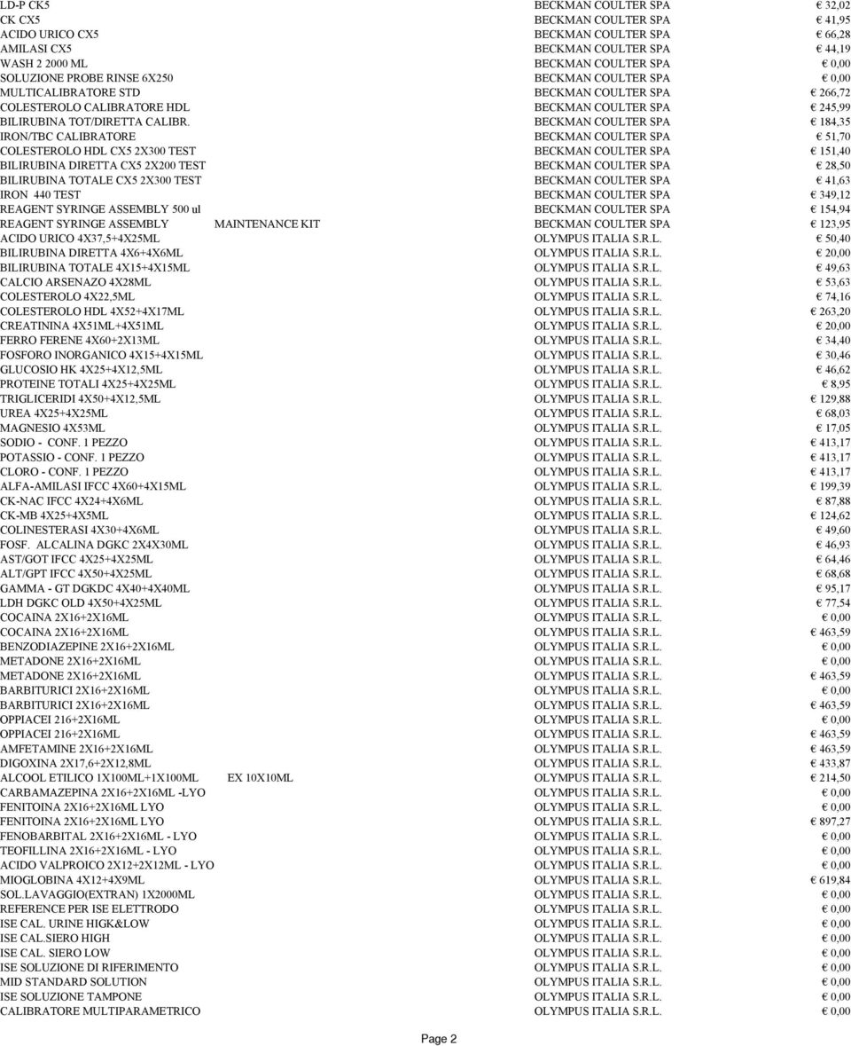 BECKMAN COULTER SPA 184,35 IRON/TBC CALIBRATORE BECKMAN COULTER SPA 51,70 COLESTEROLO HDL CX5 2X300 TEST BECKMAN COULTER SPA 151,40 BILIRUBINA DIRETTA CX5 2X200 TEST BECKMAN COULTER SPA 28,50