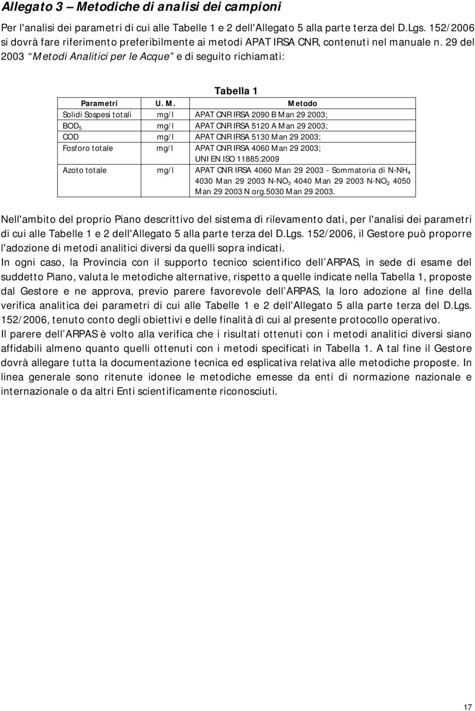 todi Analitici per le Acque e di seguito richiamati: Tabella 1 Parametri U. M.