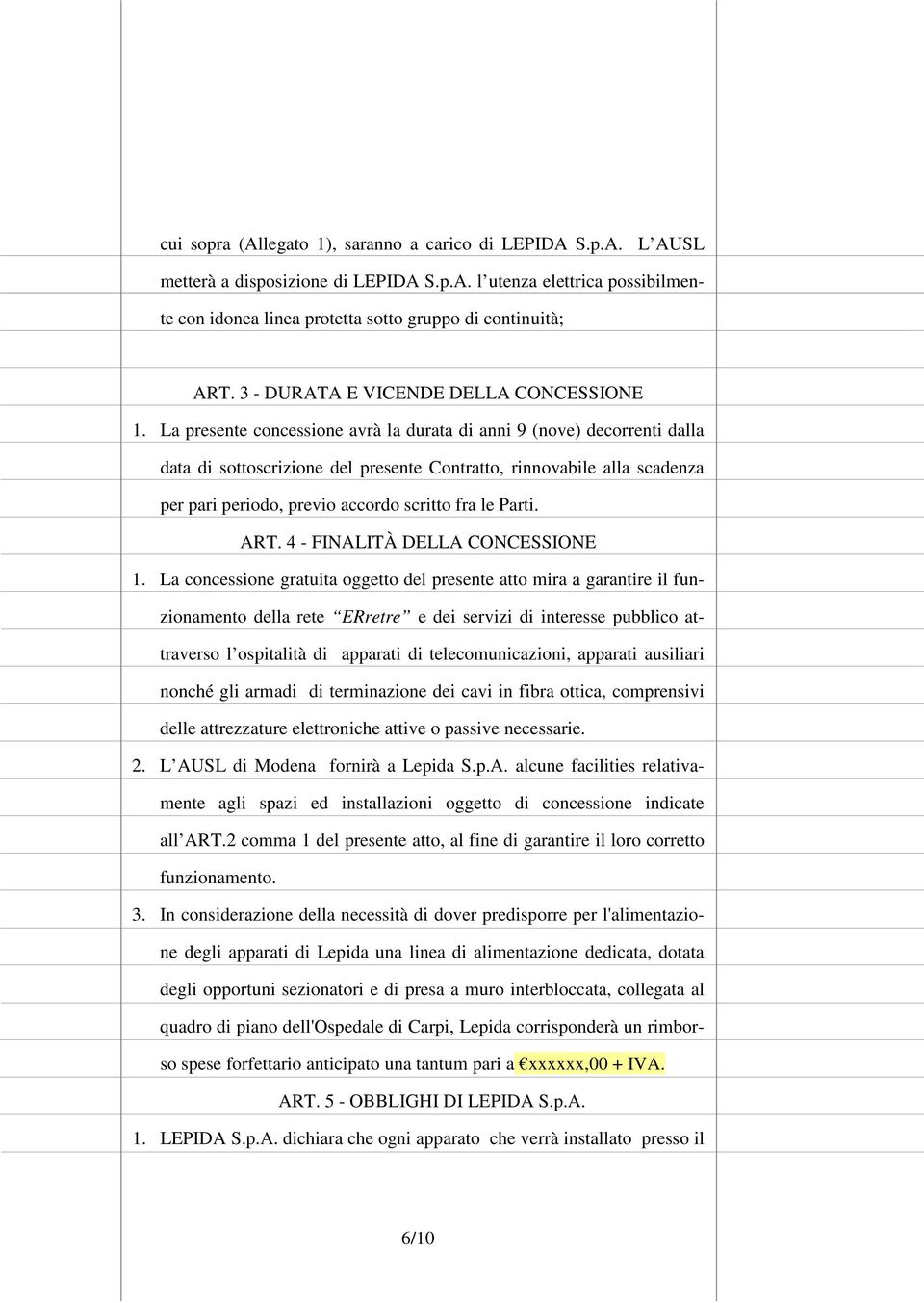 La presente concessione avrà la durata di anni 9 (nove) decorrenti dalla data di sottoscrizione del presente Contratto, rinnovabile alla scadenza per pari periodo, previo accordo scritto fra le Parti.