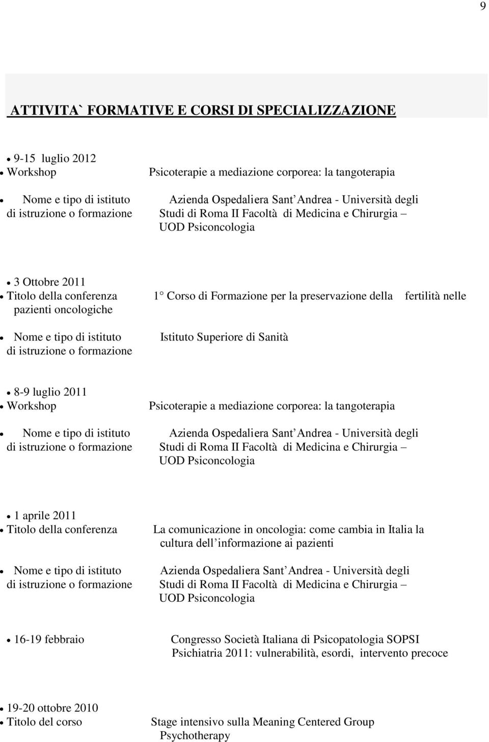 oncologiche Nome e tipo di istituto di istruzione o formazione Istituto Superiore di Sanità 8-9 luglio 2011 Workshop Psicoterapie a mediazione corporea: la tangoterapia Nome e tipo di istituto