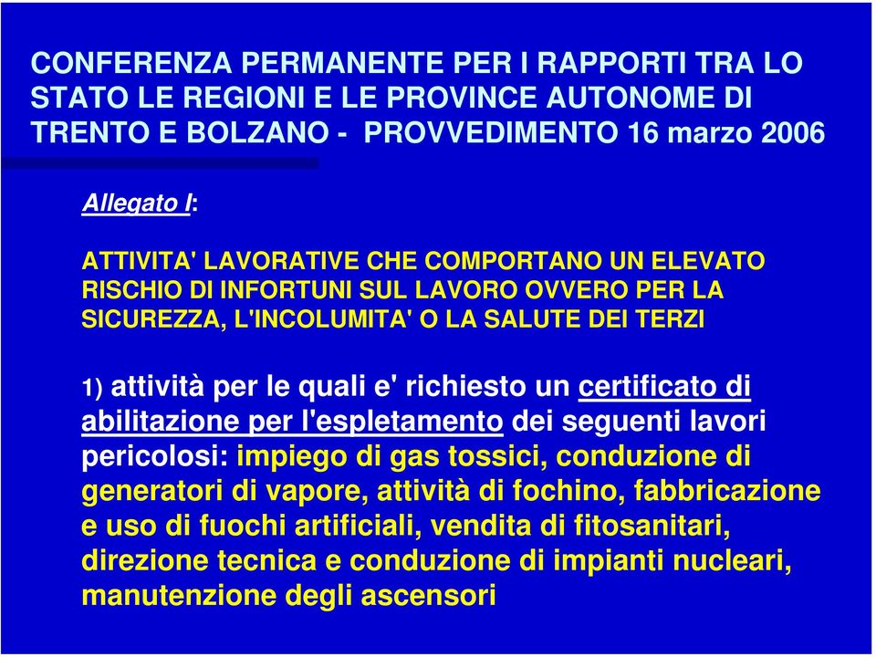 richiesto un certificato di abilitazione per l'espletamento dei seguenti lavori pericolosi: impiego di gas tossici, conduzione di generatori di vapore,