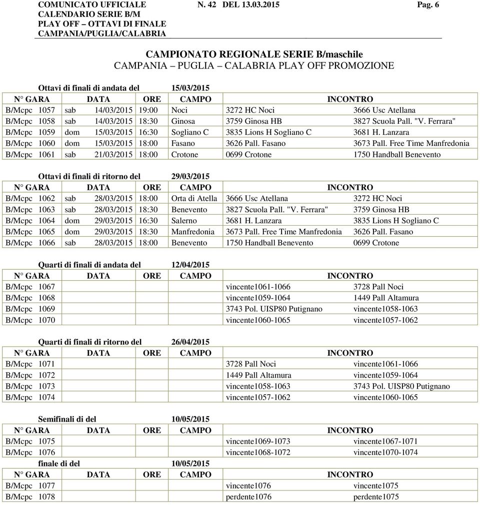 B/Mcpc 1058 sab 14/03/2015 18:30 Ginosa 3759 Ginosa HB 3827 Scuola Pall. "V. Ferrara" B/Mcpc 1059 dom 15/03/2015 16:30 Sogliano C 3835 Lions H Sogliano C 3681 H.
