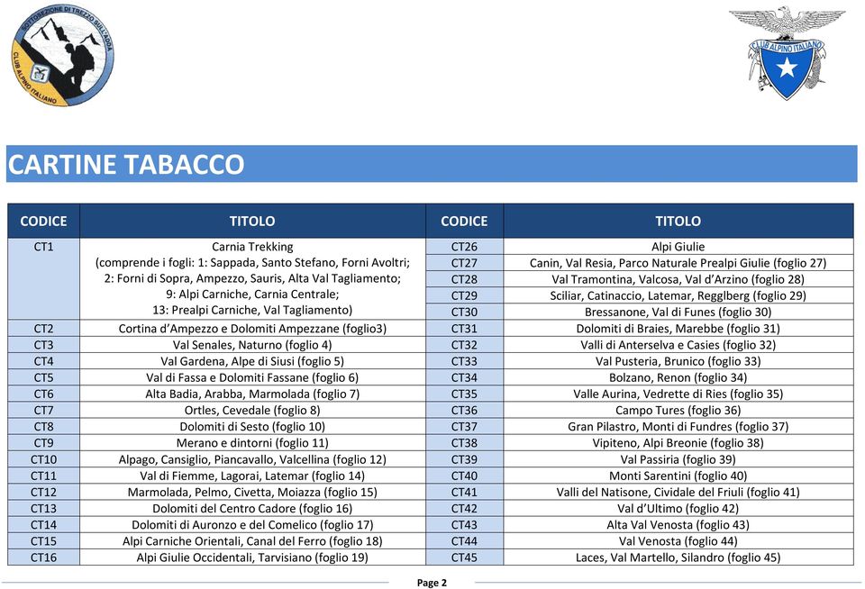 Regglberg (foglio 29) 13: Prealpi Carniche, Val Tagliamento) CT30 Bressanone, Val di Funes (foglio 30) CT2 Cortina d Ampezzo e Dolomiti Ampezzane (foglio3) CT31 Dolomiti di Braies, Marebbe (foglio