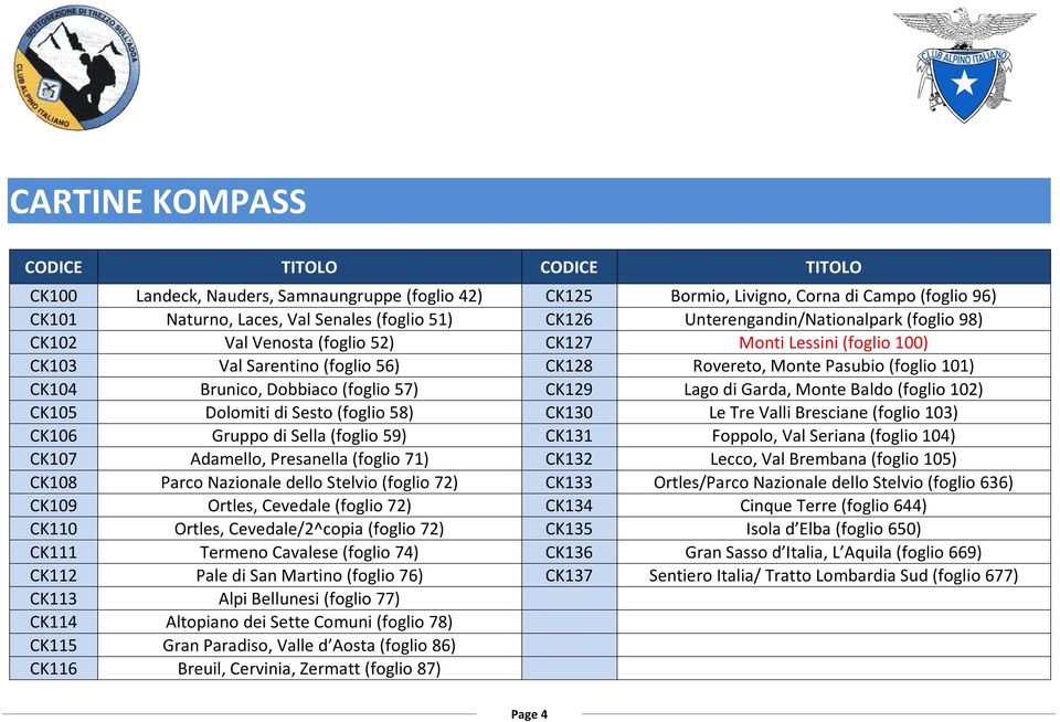 Dobbiaco (foglio 57) CK129 Lago di Garda, Monte Baldo (foglio 102) CK105 Dolomiti di Sesto (foglio 58) CK130 Le Tre Valli Bresciane (foglio 103) CK106 Gruppo di Sella (foglio 59) CK131 Foppolo, Val