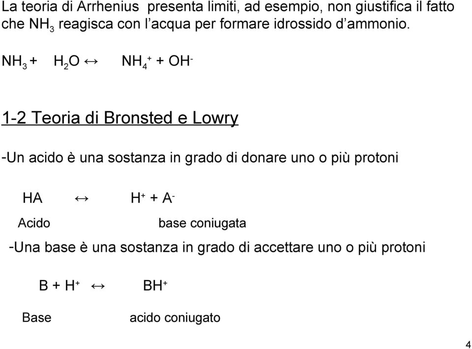 NH 3 + O NH 4 + + OH - 1-2 Teoria di Bronsted e Lowry -Un acido è una sostanza in grado di donare