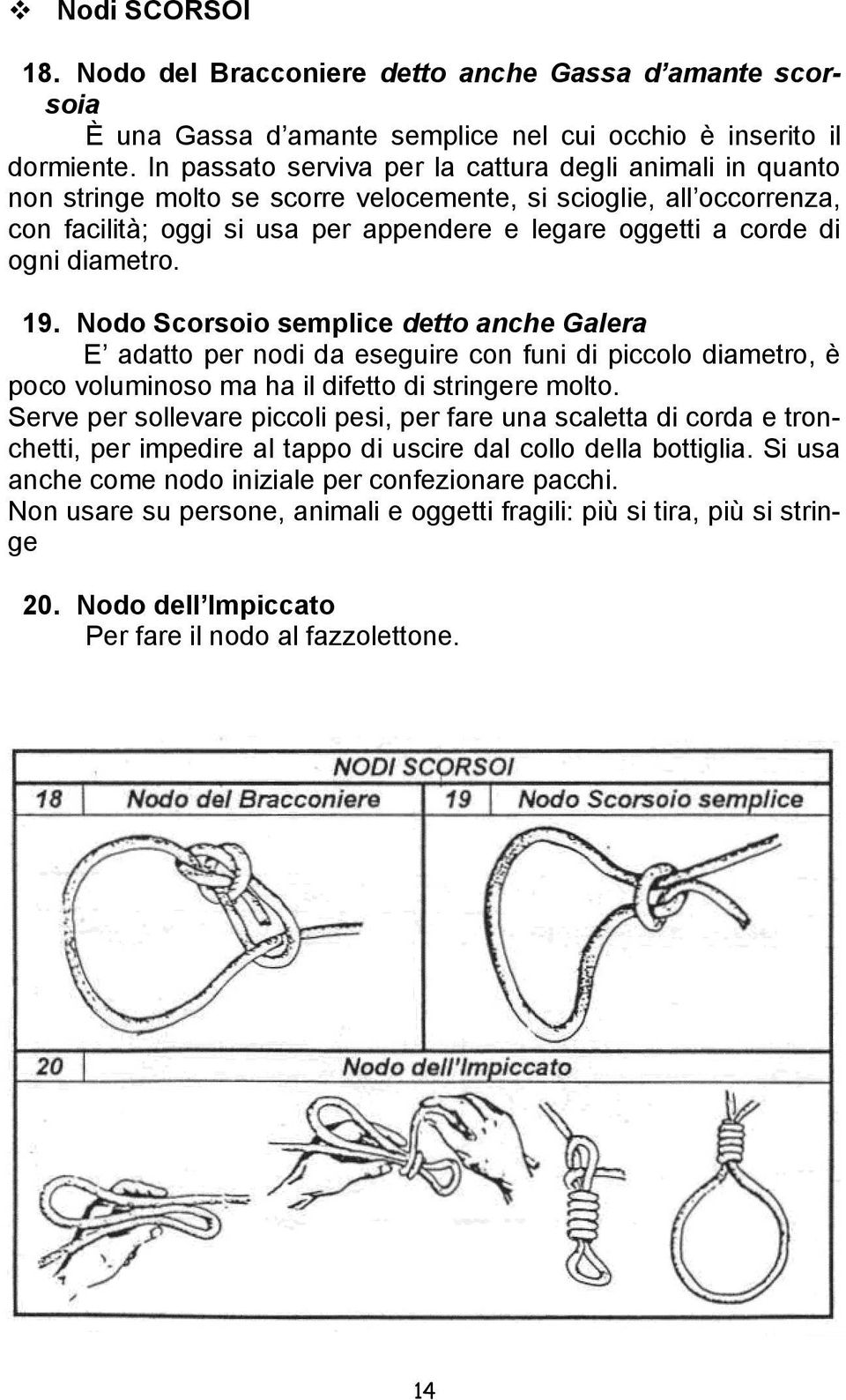 ogni diametro. 19. Nodo Scorsoio semplice detto anche Galera E adatto per nodi da eseguire con funi di piccolo diametro, è poco voluminoso ma ha il difetto di stringere molto.