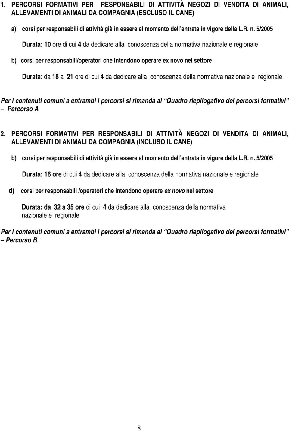 5/2005 Durata: 10 ore di cui 4 da dedicare alla conoscenza della normativa nazionale e regionale b) corsi per responsabili/operatori che intendono operare ex novo nel settore Durata: da 18 a 21 ore