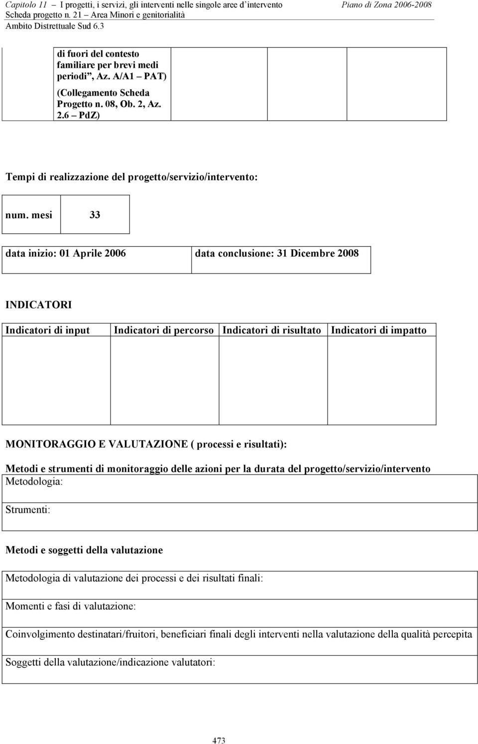 processi e risultati): Metodi e strumenti di monitoraggio delle azioni per la durata del progetto/servizio/intervento Metodologia: Strumenti: Metodi e soggetti della valutazione Metodologia di