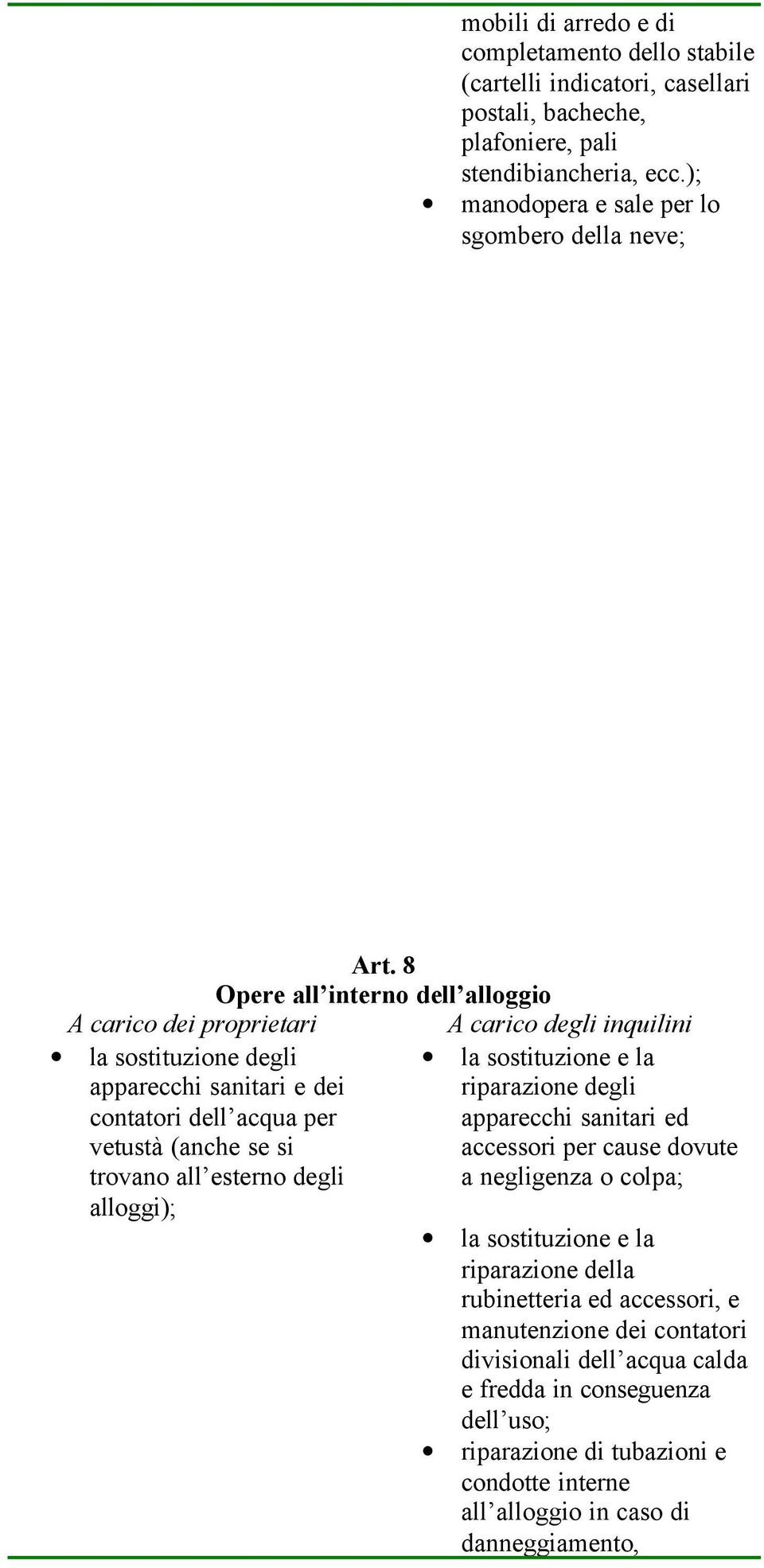 8 Opere all interno dell alloggio la sostituzione degli apparecchi sanitari e dei riparazione degli contatori dell acqua per apparecchi sanitari ed vetustà (anche se