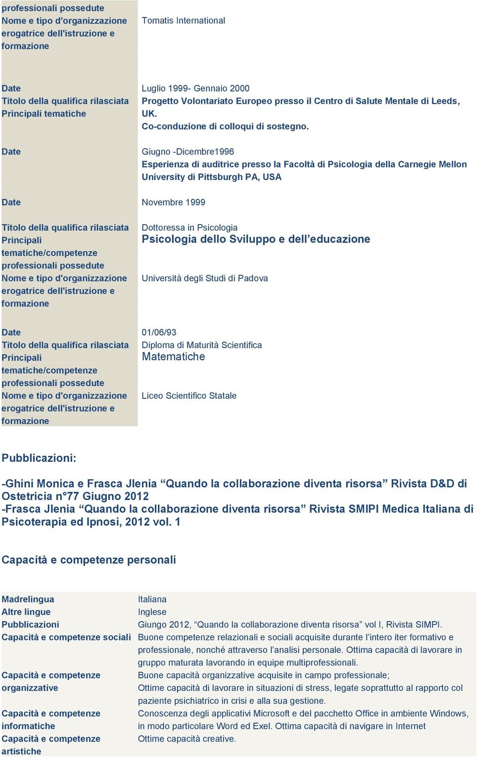 Giugno -Dicembre1996 Esperienza di auditrice presso la Facoltà di Psicologia della Carnegie Mellon University di Pittsburgh PA, USA Novembre 1999 della qualifica rilasciata Principali