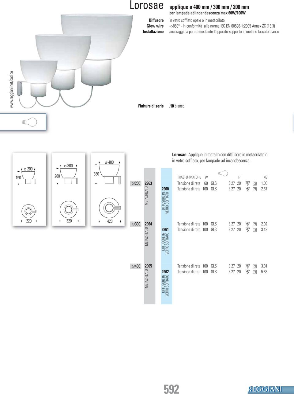 Applique in metallo con diffusore in metacrilato o in vetro soffiato, per lampade ad incandescenza. TRASFORMATORE W IP KG Ø200 2963 Tensione di rete 60 GLS E 27 20 1.