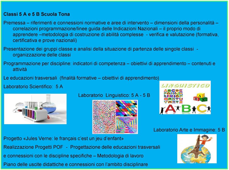 situazione di partenza delle singole classi - organizzazione delle classi Programmazione per discipline: indicatori di competenza obiettivi di apprendimento contenuti e attività Le educazioni