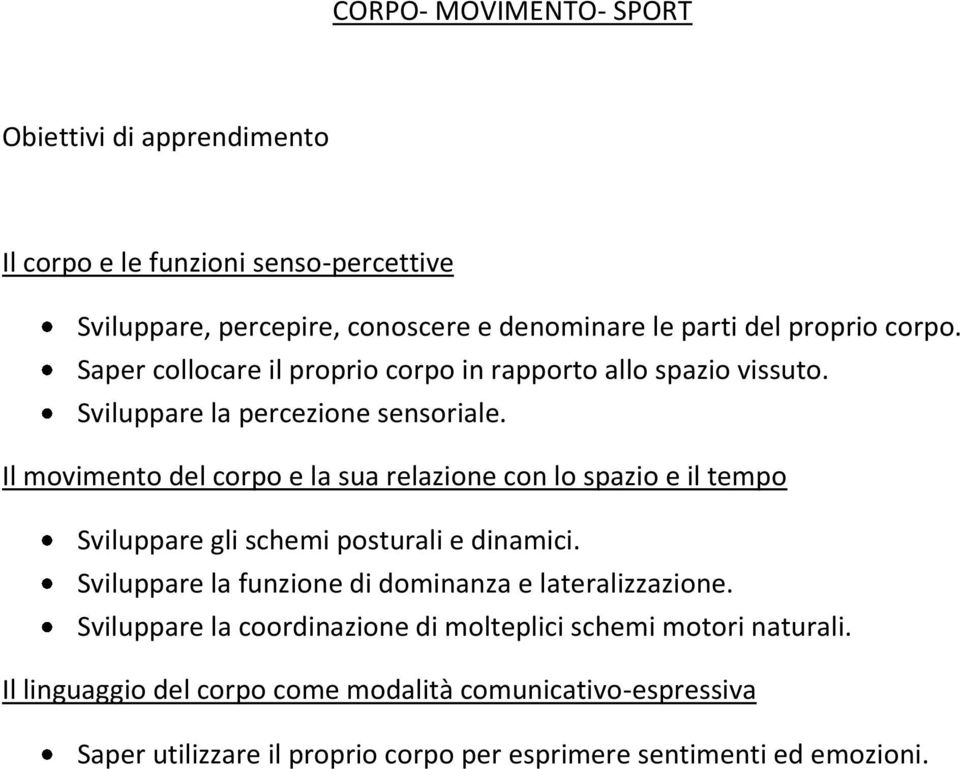 Il movimento del corpo e la sua relazione con lo spazio e il tempo Sviluppare gli schemi posturali e dinamici.