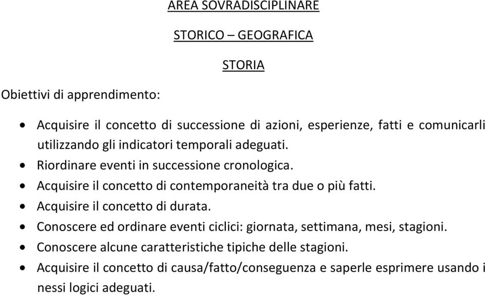 Acquisire il concetto di contemporaneità tra due o più fatti. Acquisire il concetto di durata.