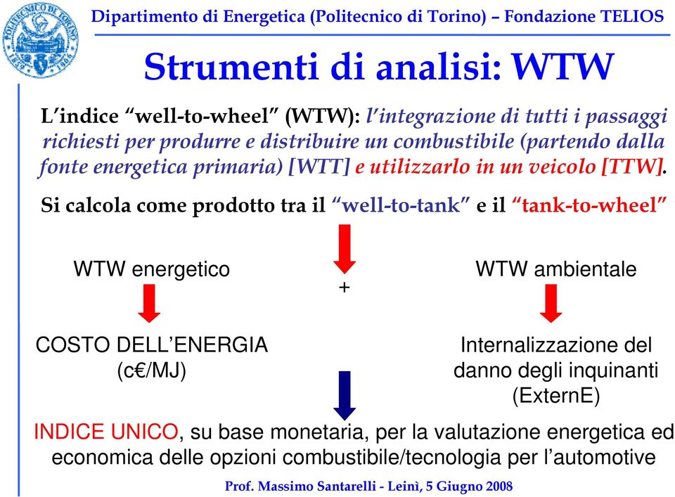 Si calcola come prodotto tra il well-to-tank eil tank-to-wheel WTW energetico + WTW ambientale COSTO DELL ENERGIA (c /MJ) INDICE