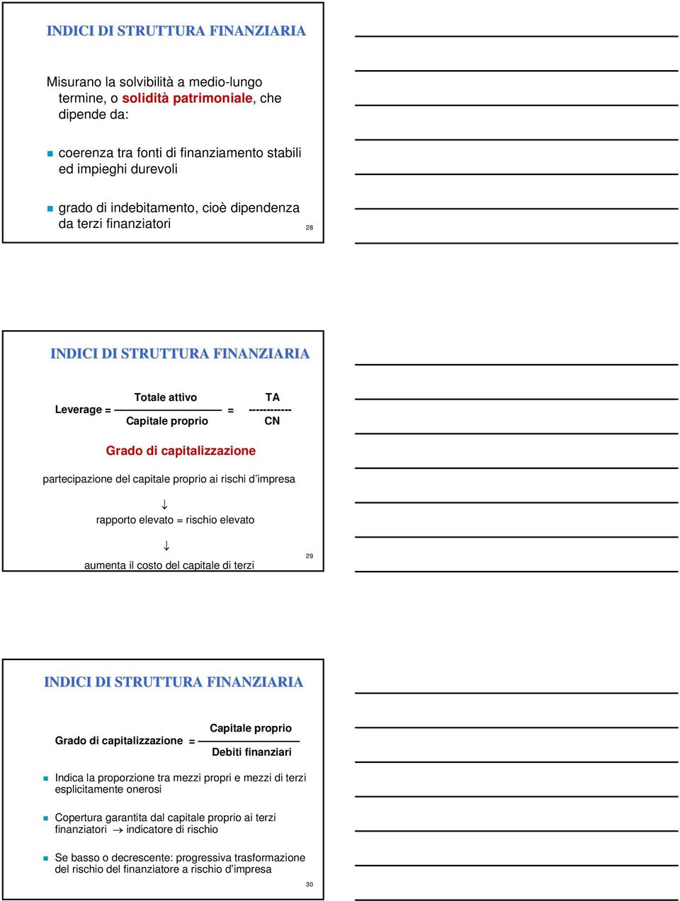 capitale proprio ai rischi d impresa rapporto elevato = rischio elevato aumenta il costo del capitale di terzi 29 INDICI DI STRUTTURA FINANZIARIA Capitale proprio Grado di capitalizzazione = Debiti