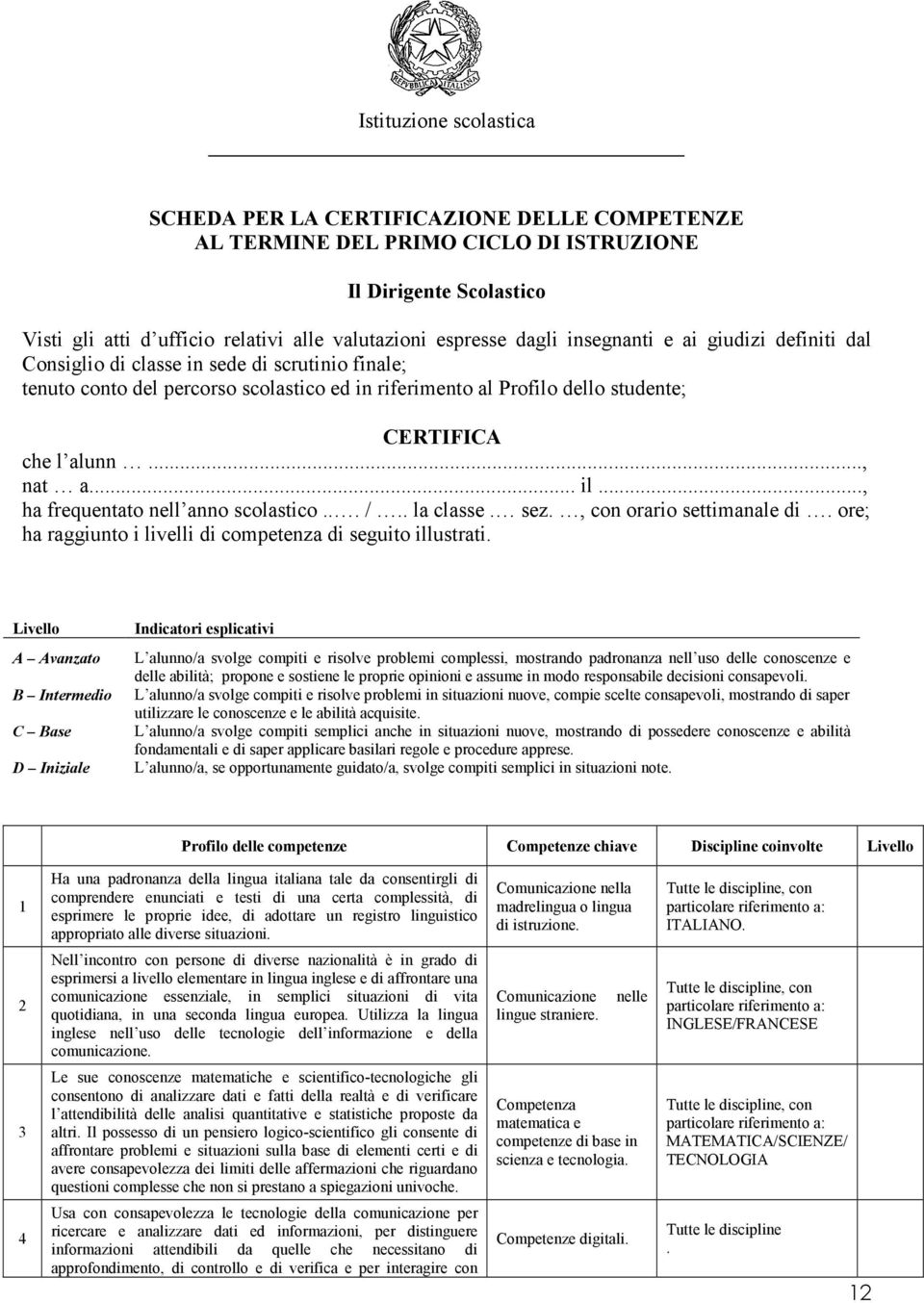 .. il..., ha frequentato nell anno scolastico... /.. la classe. sez., con orario settimanale di. ore; ha raggiunto i livelli di competenza di seguito illustrati.