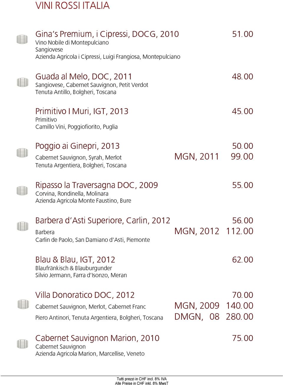 00 Cabernet Sauvignon, Syrah, MGN, 2011 99.00 Tenuta Argentiera, Bolgheri, Toscana Ripasso la Traversagna DOC, 2009 55.