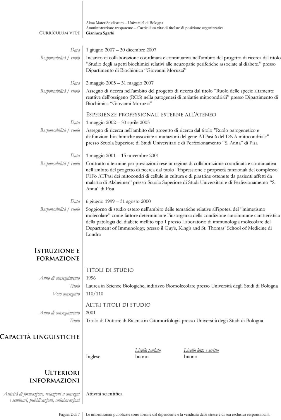 presso Dipartimento di Biochimica Giovanni Moruzzi Data 2 maggio 2005 31 maggio 2007 Assegno di ricerca nell ambito del progetto di ricerca dal titolo Ruolo delle specie altamente reattive dell