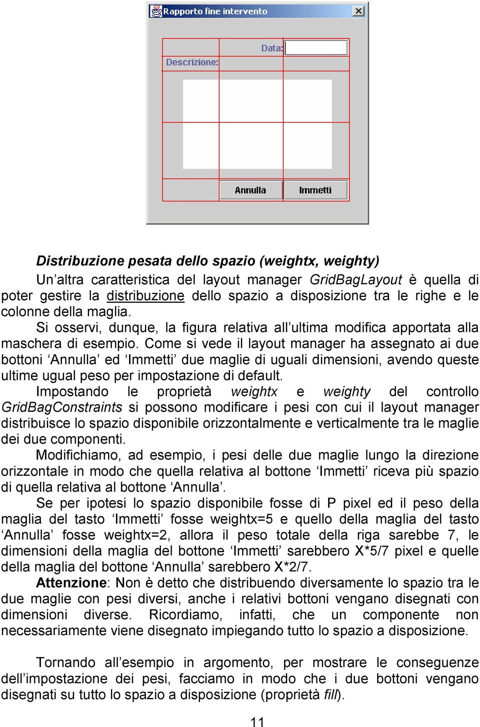 Come si vede il layout manager ha assegnato ai due bottoni Annulla ed Immetti due maglie di uguali dimensioni, avendo queste ultime ugual peso per impostazione di default.