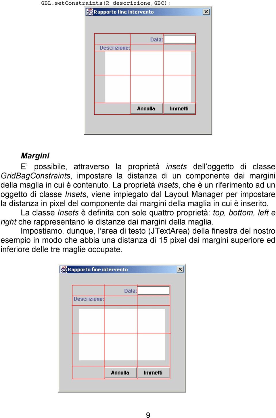 La proprietà insets, che è un riferimento ad un oggetto di classe Insets, viene impiegato dal Layout Manager per impostare la distanza in pixel del componente dai margini della maglia in