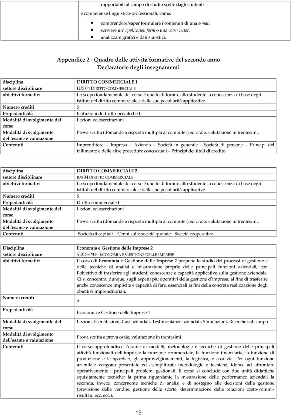 Appendice 2 - Quadro delle attività formative del secondo anno Declaratorie degli insegnamenti disciplina DIRITTO COMMERCIALE 1 settore disciplinare IUS 04 DIRITTO COMMERCIALE obiettivi formativi Lo