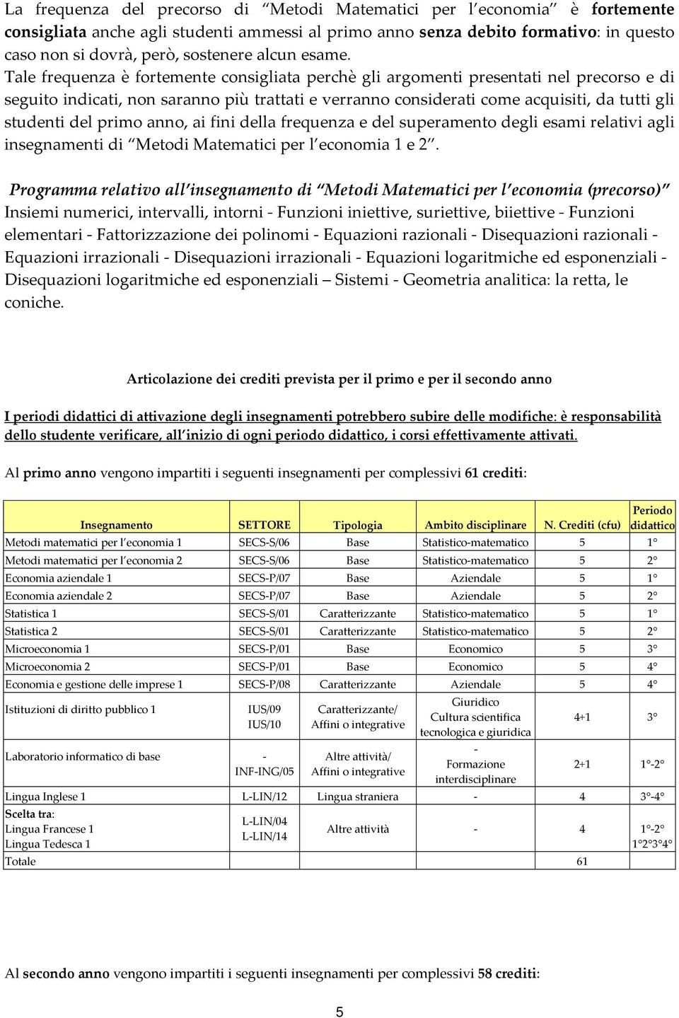 Tale frequenza è fortemente consigliata perchè gli argomenti presentati nel pre e di seguito indicati, non saranno più trattati e verranno considerati come acquisiti, da tutti gli studenti del primo