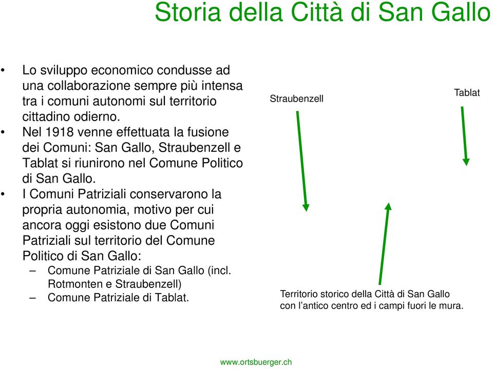 I Comuni Patriziali conservarono la propria autonomia, motivo per cui ancora oggi esistono due Comuni Patriziali sul territorio del Comune Politico di San Gallo: