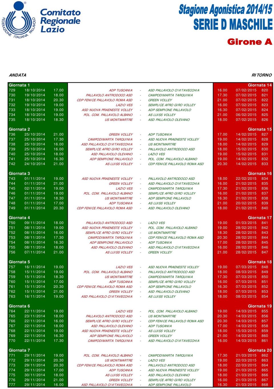 00 07/02/2015 823 733 18/10/2014 19.00 ASD NUOVA PRAENESTE VOLLEY - ADP SEMPIONE PALLAVOLO 16.30 07/02/2015 824 734 18/10/2014 19.00 POL. COM. PALLAVOLO ALBANO - AS LUISS VOLLEY 21.