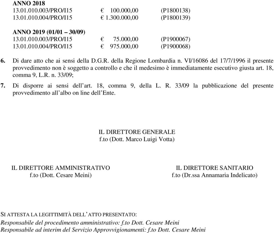 VI/16086 del 17/7/1996 il presente provvedimento non è soggetto a controllo e che il medesimo è immediatamente esecutivo giusta art. 18, comma 9, L.R. n. 33/09; 7. Di disporre ai sensi dell art.