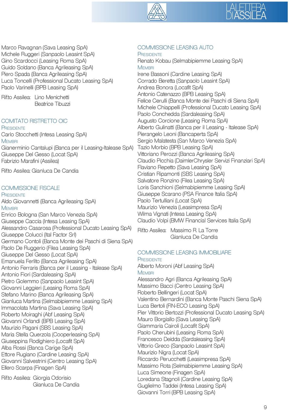 to Assilea: Lino Menichetti Beatrice Tibuzzi COMITATO RISTRETTO OIC Carlo Stocchetti (Intesa Leasing SpA) Gianerminio Cantalupi (Banca per il Leasing-Italease SpA) Giuseppe Del Gesso (Locat SpA)