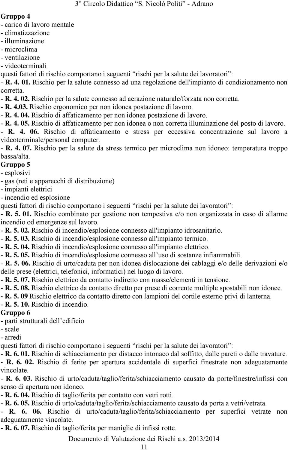 - R. 4.03. Rischio ergonomico per non idonea postazione di lavoro. - R. 4. 04. Rischio di affaticamento per non idonea postazione di lavoro. - R. 4. 05.