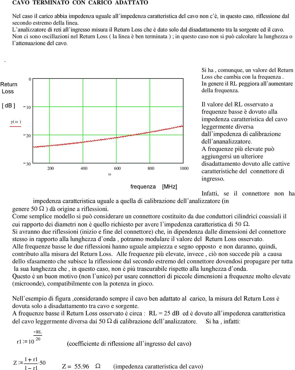 può calcolare la lunghezza o l attenuazione del cavo Return Loss 0 Si ha, comunque, un valore del Return Loss che cambia con la frequenza In genere il RL peggiora all aumentare della frequenza [ db ]