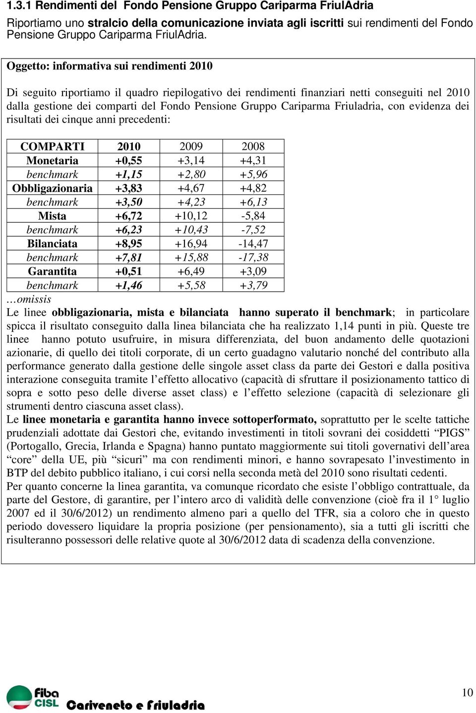 Cariparma Friuladria, con evidenza dei risultati dei cinque anni precedenti: COMPARTI 2010 2009 2008 Monetaria +0,55 +3,14 +4,31 benchmark +1,15 +2,80 +5,96 Obbligazionaria +3,83 +4,67 +4,82