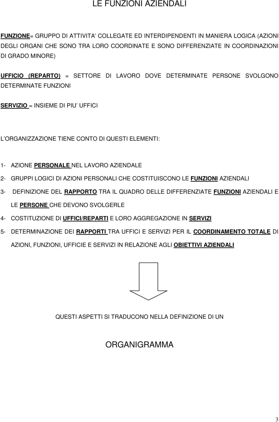 PERSONALE NEL LAVORO AZIENDALE 2- GRUPPI LOGICI DI AZIONI PERSONALI CHE COSTITUISCONO LE FUNZIONI AZIENDALI 3- DEFINIZIONE DEL RAPPORTO TRA IL QUADRO DELLE DIFFERENZIATE FUNZIONI AZIENDALI E LE