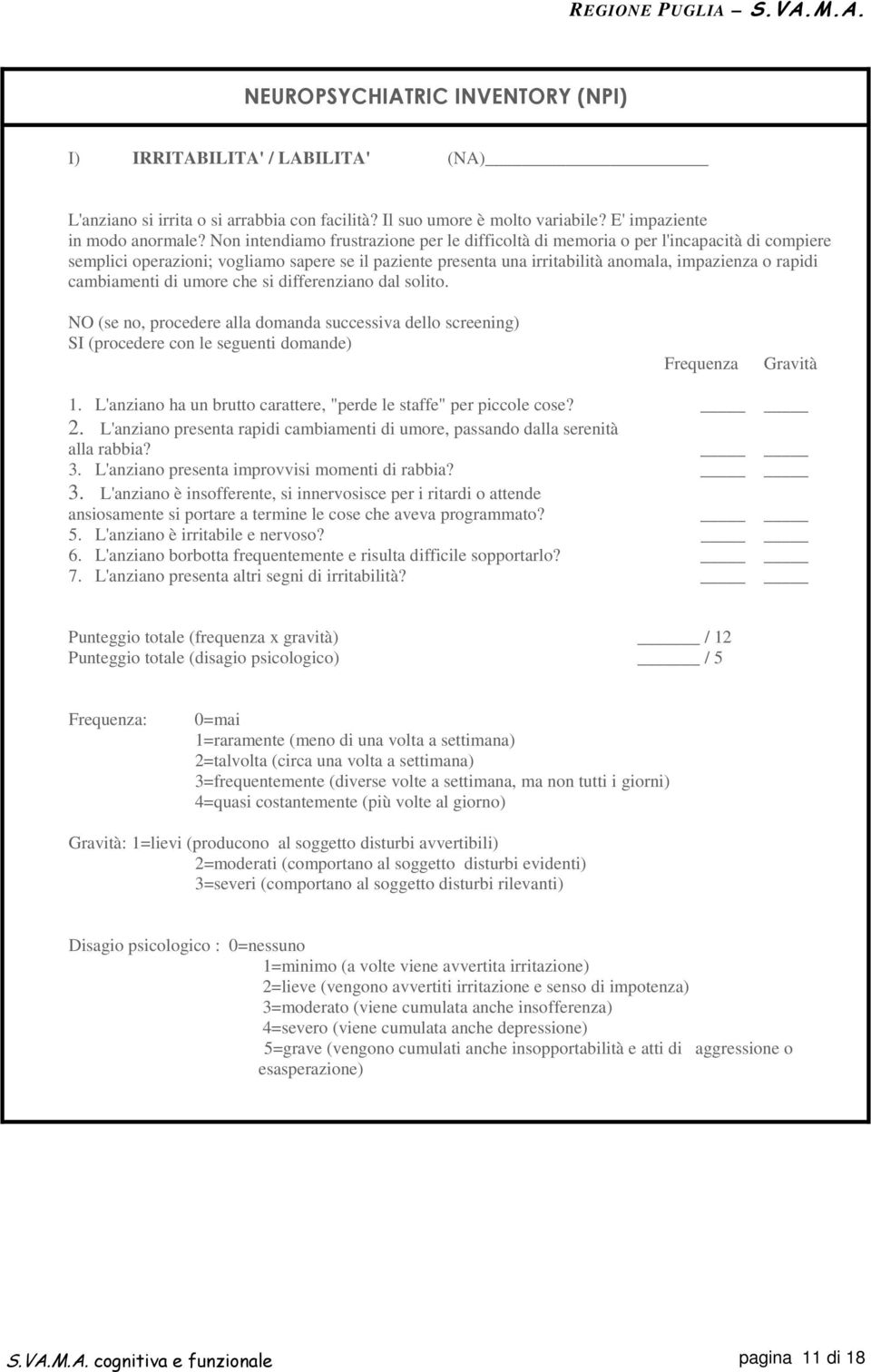 cambiamenti di umore che si differenziano dal solito. NO (se no, procedere alla domanda successiva dello screening) SI (procedere con le seguenti domande) Frequenza Gravità 1.