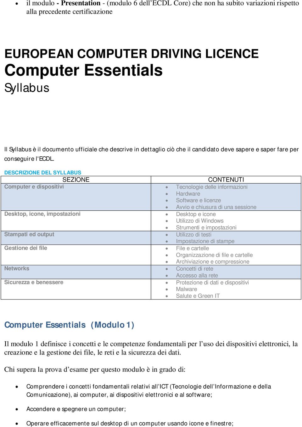 DESCRIZIONE DEL SYLLABUS SEZIONE CONTENUTI Computer e dispositivi Tecnologie delle informazioni Hardware Software e licenze Avvio e chiusura di una sessione Desktop, icone, impostazioni Desktop e