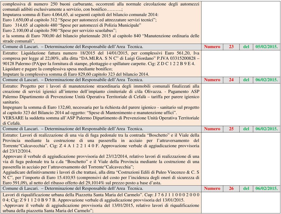 650,00 al capitolo 312 Spese per automezzi ed attrezzature servizi tecnici ; Euro 314,65 al capitolo 480 Spese per automezzi di Polizia Municipale Euro 2.