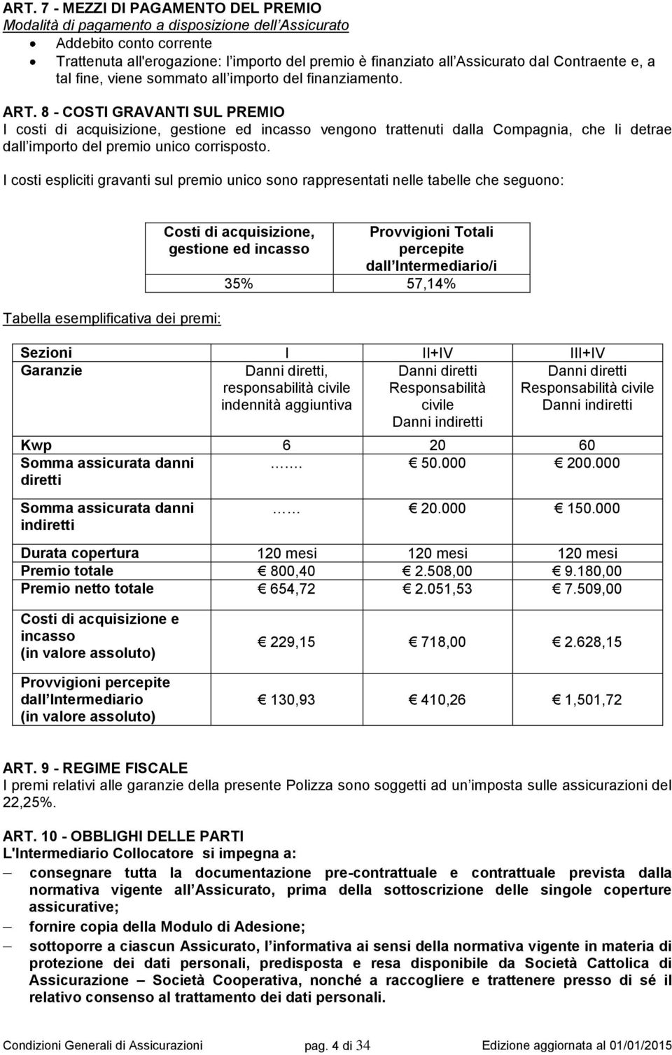 8 - COSTI GRAVANTI SUL PREMIO I costi di acquisizione, gestione ed incasso vengono trattenuti dalla Compagnia, che li detrae dall importo del premio unico corrisposto.